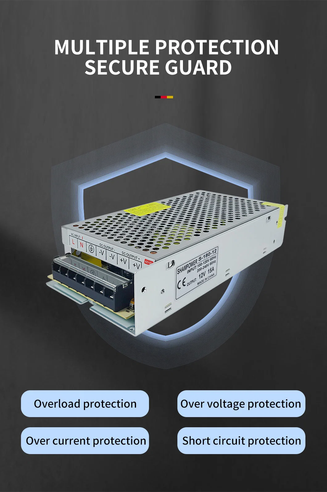 Single Output LED Driver 12V 15A 180W Switching Power Supply for LED Strip Light and Security Camera